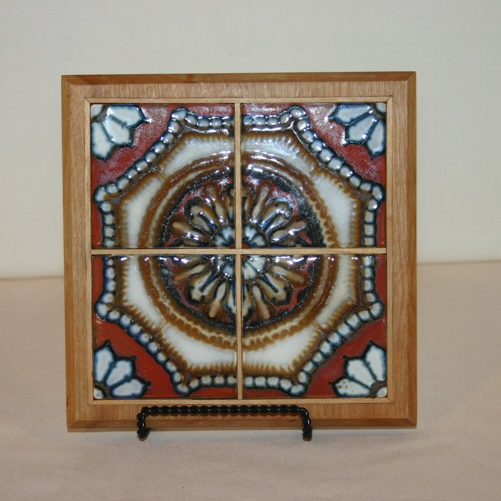 Vintage Hand Crafted Wooden & Ceramic Tile Trivet B-167